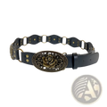 Black leather belt with a studded rose bronze-toned oval buckle showcasing intricate detailed design
