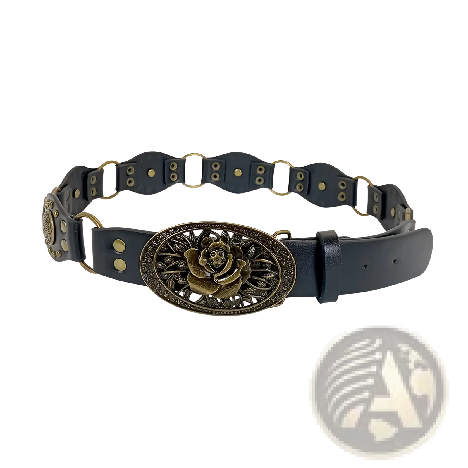 Black leather belt with a studded rose bronze-toned oval buckle showcasing intricate detailed design