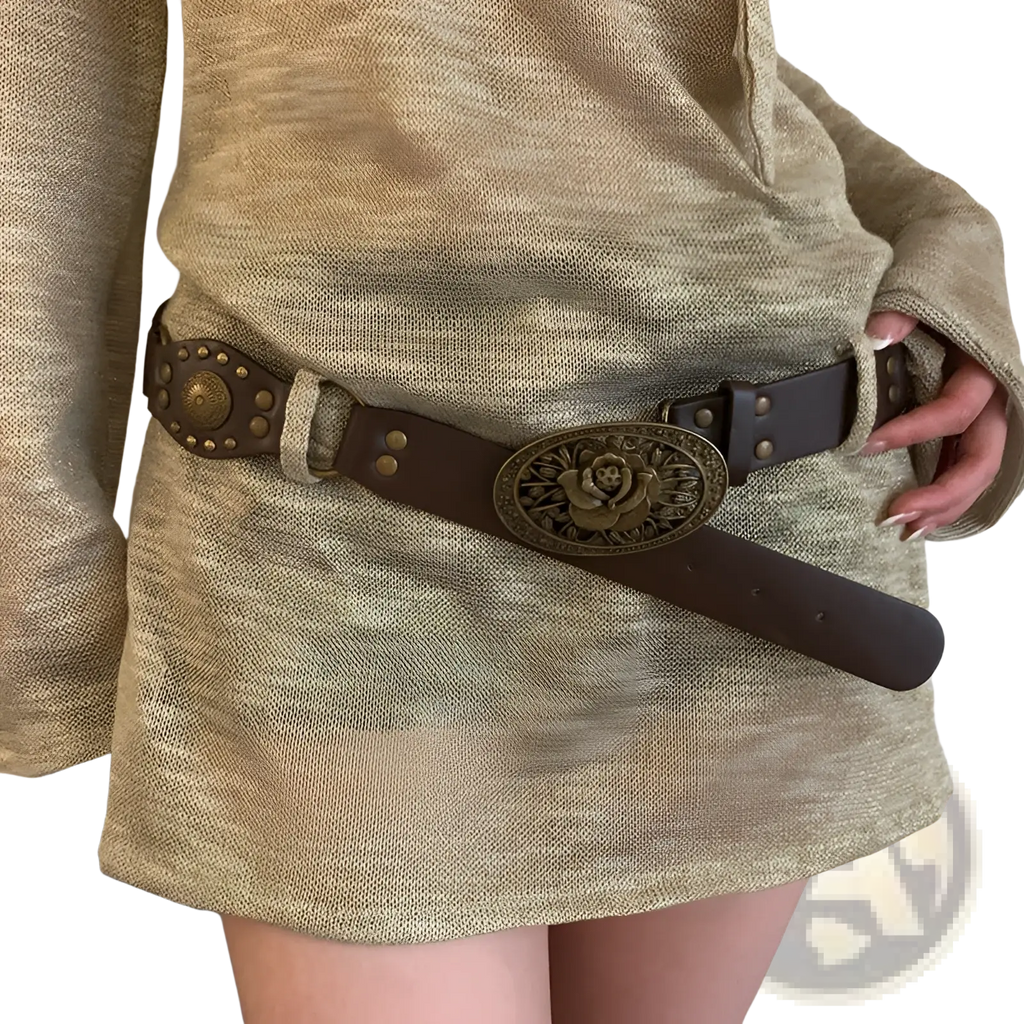 Brown leather studded belt featuring a detailed bronze rose buckle for stylish and elegant wear