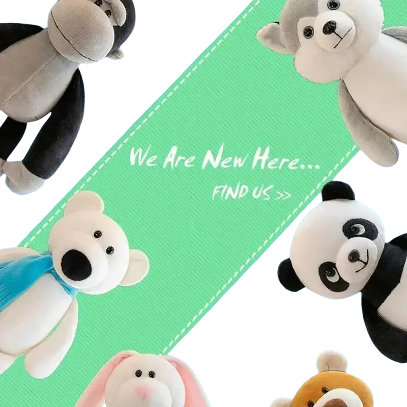Plush stuffed animals in colorful designs including panda bear monkey rabbit husky featuring lion elephant tiger forest toys