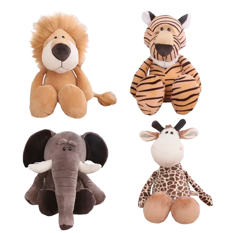 Stuffed plush animals featuring a golden lion, orange tiger, gray elephant with tusks, and spotted giraffe for forest play