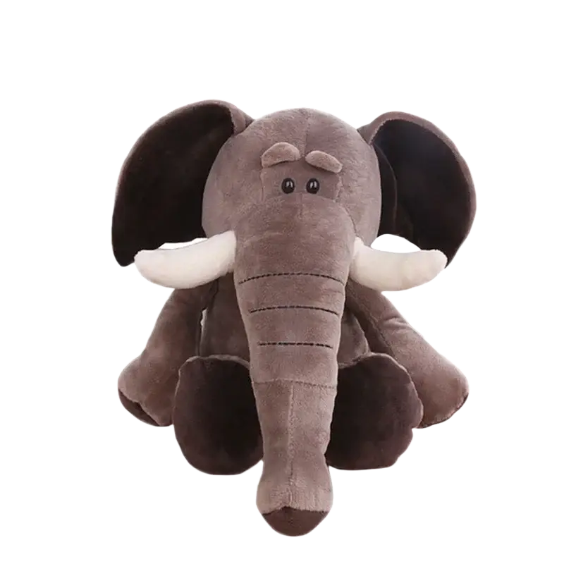 A plush gray elephant stuffed plush animal with black inner ears and white tusks from lion elephant tiger forest toys