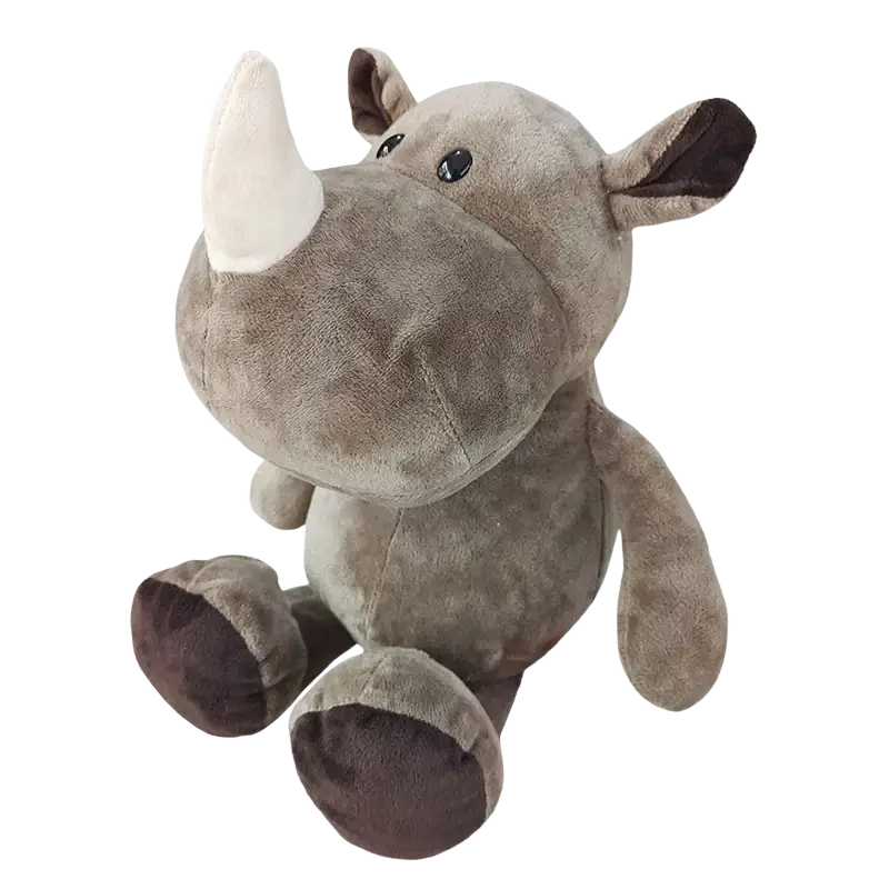 A plush gray rhinoceros stuffed plush animal with white horn and brown ears feet for lion elephant tiger forest toys collection