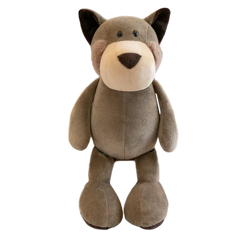 A plush gray wolf stuffed plush animal with black inner ears and cream snout from lion elephant tiger forest toys collection
