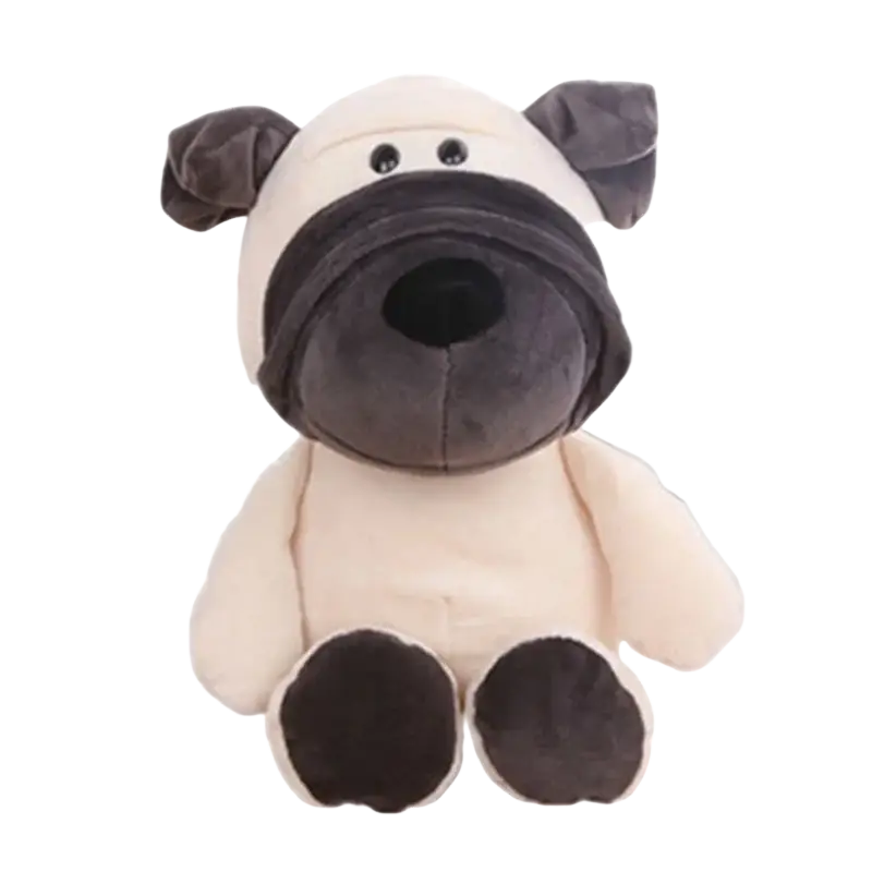 A cream plush pug toy with dark gray ears and feet in a stuffed plush animals lion elephant tiger collection