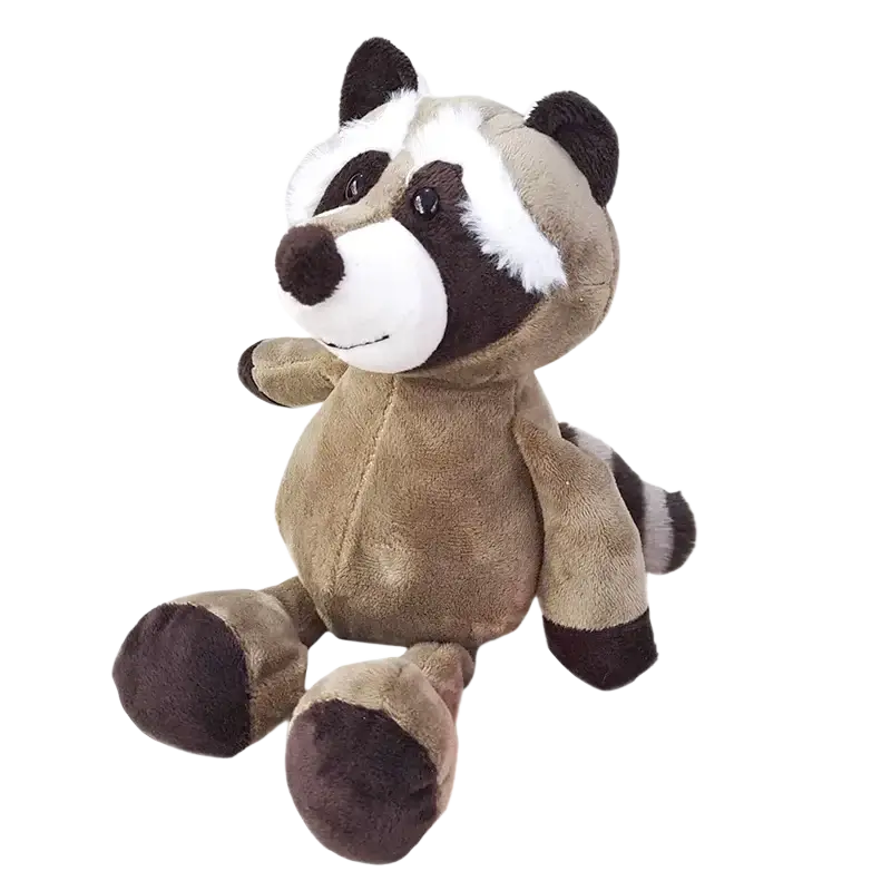 A stuffed plush animal raccoon with soft brown fur black and white facial markings and a striped tail fitting forest toys collection