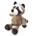 A stuffed plush animal raccoon with soft brown fur black and white facial markings and a striped tail fitting forest toys collection