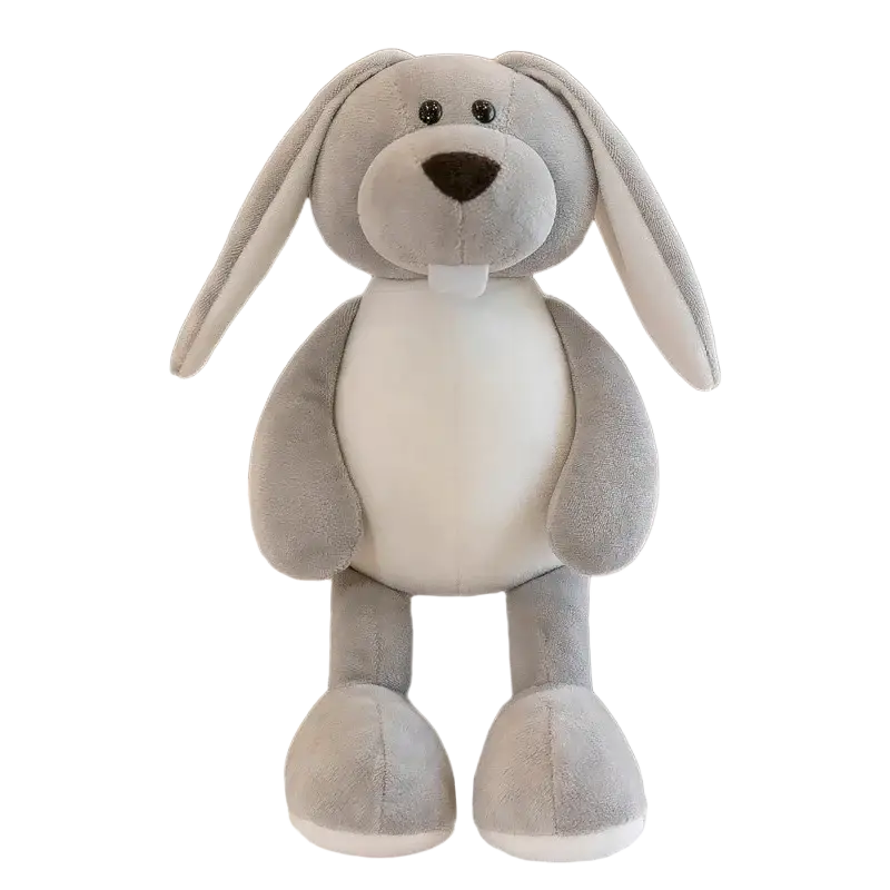 A soft gray stuffed plush animal bunny with long floppy ears white belly and black button eyes in lion elephant tiger toys collection