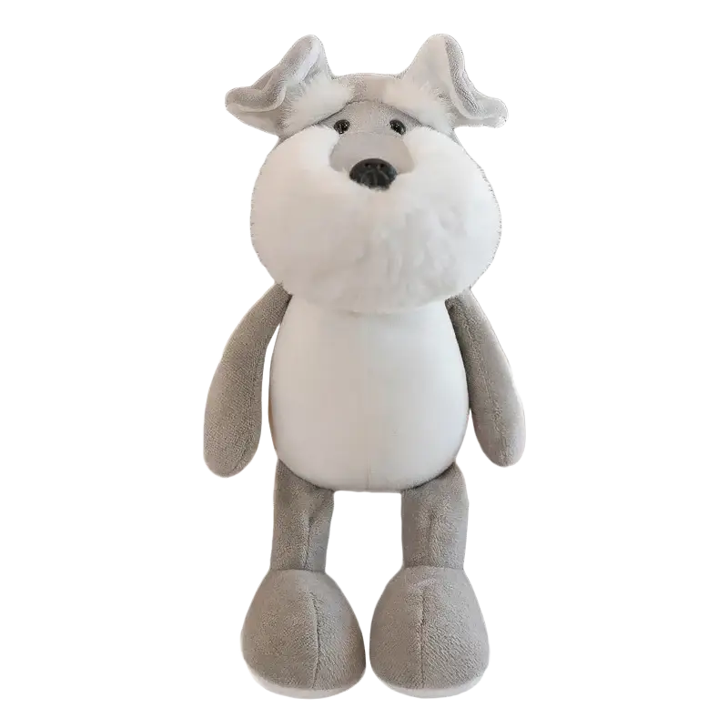 A soft gray and white stuffed plush schnauzer dog with fluffy beard featured among lion elephant tiger forest toys