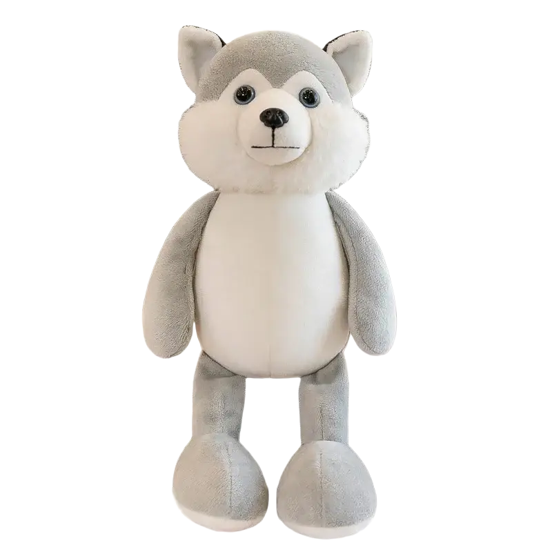 A soft gray and white husky stuffed plush animal with black button eyes and stitched nose in lion elephant tiger forest toys