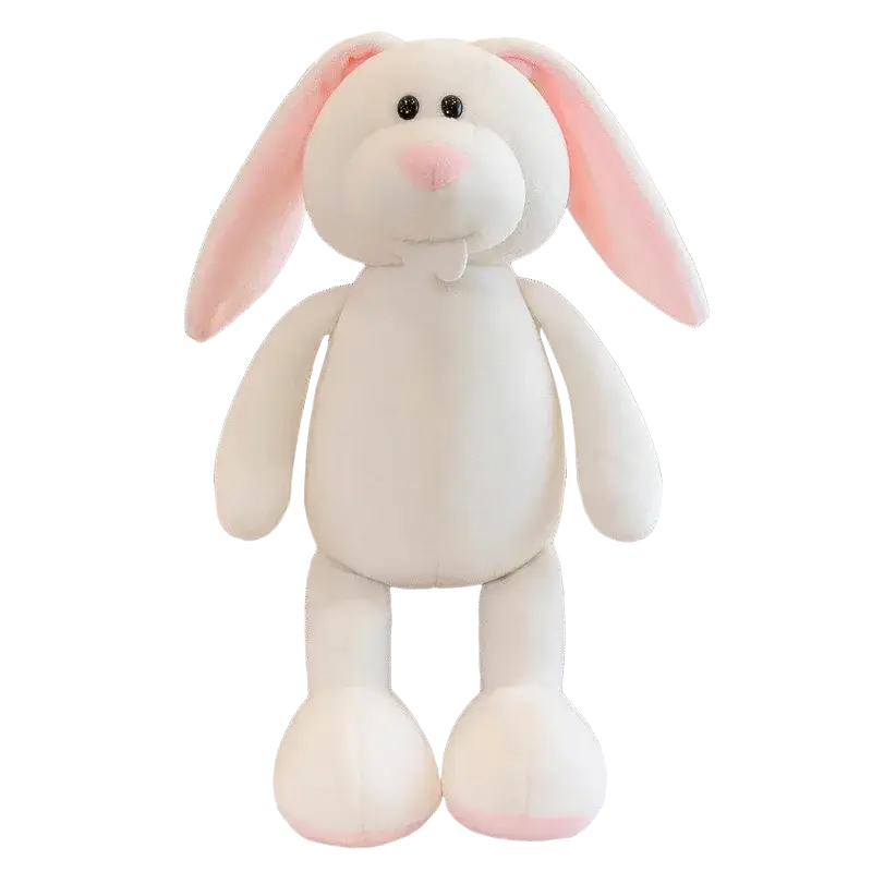 A soft white stuffed plush animal bunny with pink inner ears nose and feet in lion elephant tiger forest toys collection