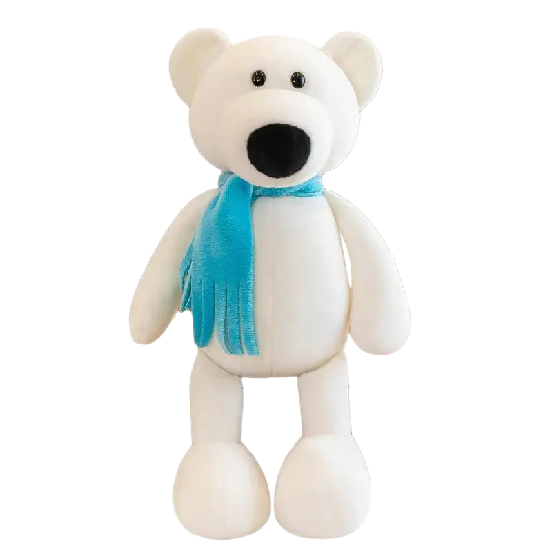 White plush stuffed plush animal polar bear with black button eyes and light blue fringed scarf for lion elephant tiger collection