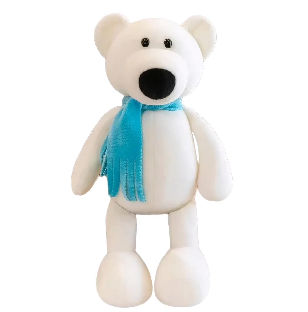 White plush polar bear toy with black button eyes wearing light blue scarf among stuffed plush animals lion elephant tiger