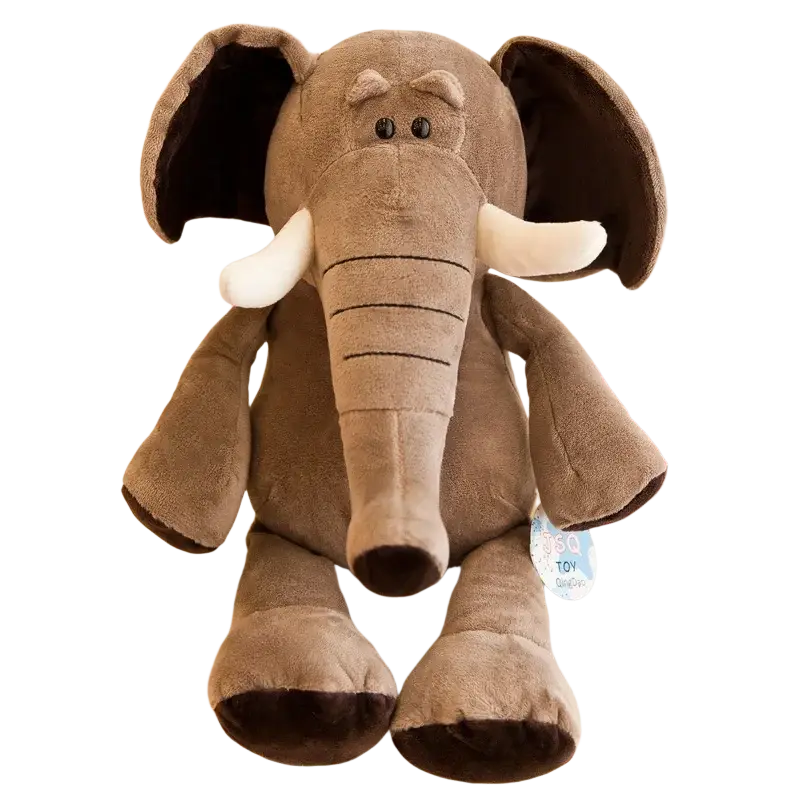 A plush brown elephant stuffed plush animal with white tusks black eyes and soft fabric body for lion elephant tiger sets