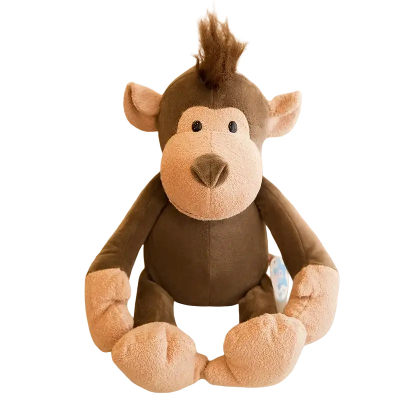 A plush brown monkey stuffed plush animal with soft tan face and limbs featuring stitched details for lion elephant tiger collection