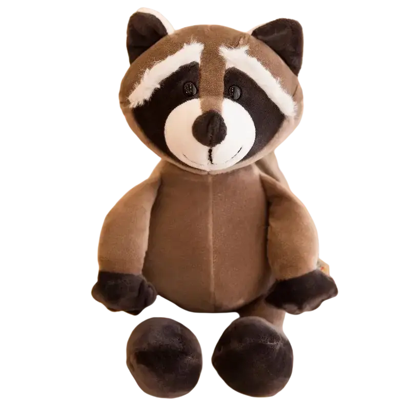 A plush brown raccoon stuffed plush animal with black and white facial markings in soft velvety texture from lion elephant tiger collection