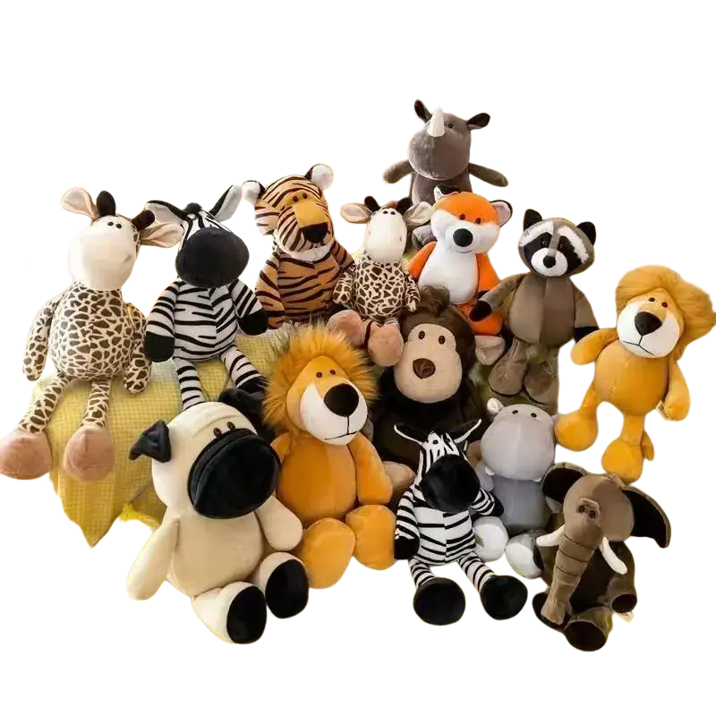 A collection of soft stuffed plush animals in safari designs including lion elephant tiger and monkey soft toys
