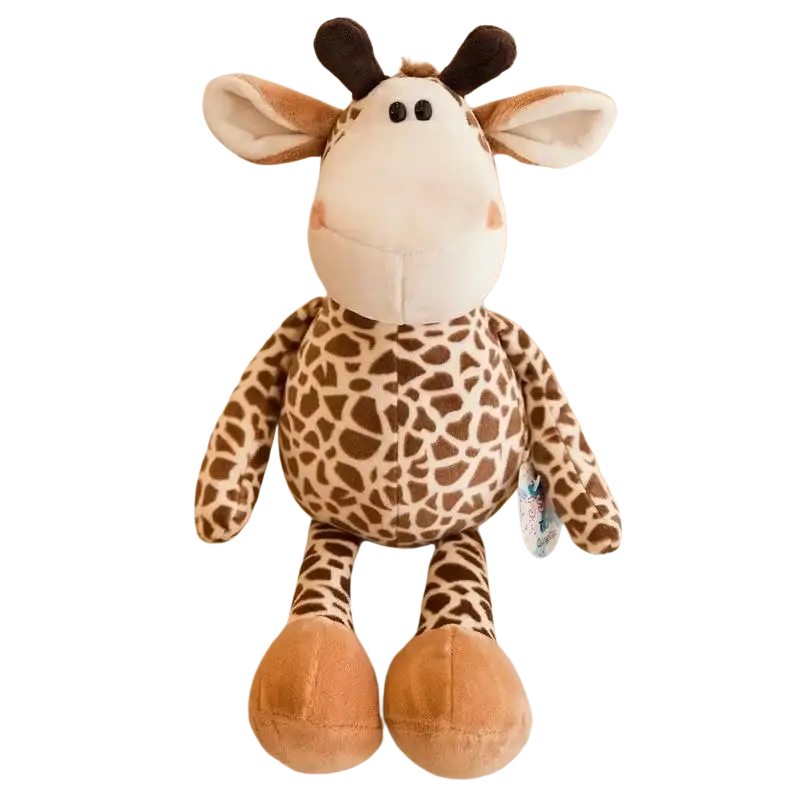 A plush giraffe toy with soft brown and cream spots, black button eyes, tan ears and feet in stuffed plush animals lion elephant tiger collection