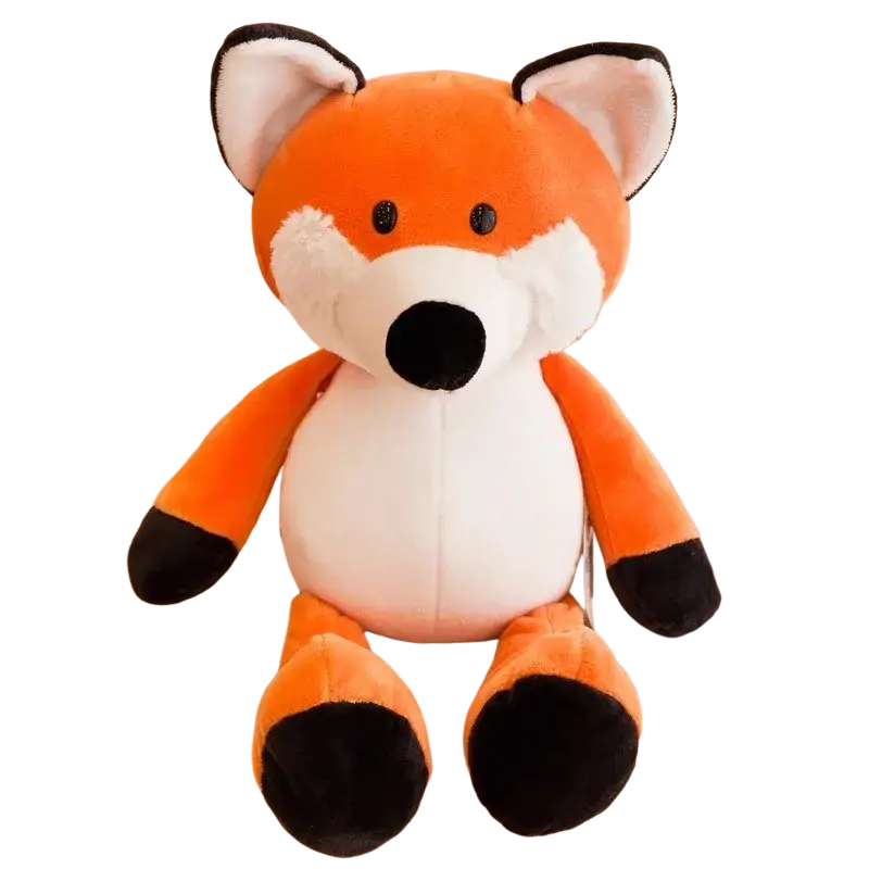 Stuffed plush animals featuring a soft orange fox toy with white accents and black details in lion elephant tiger set