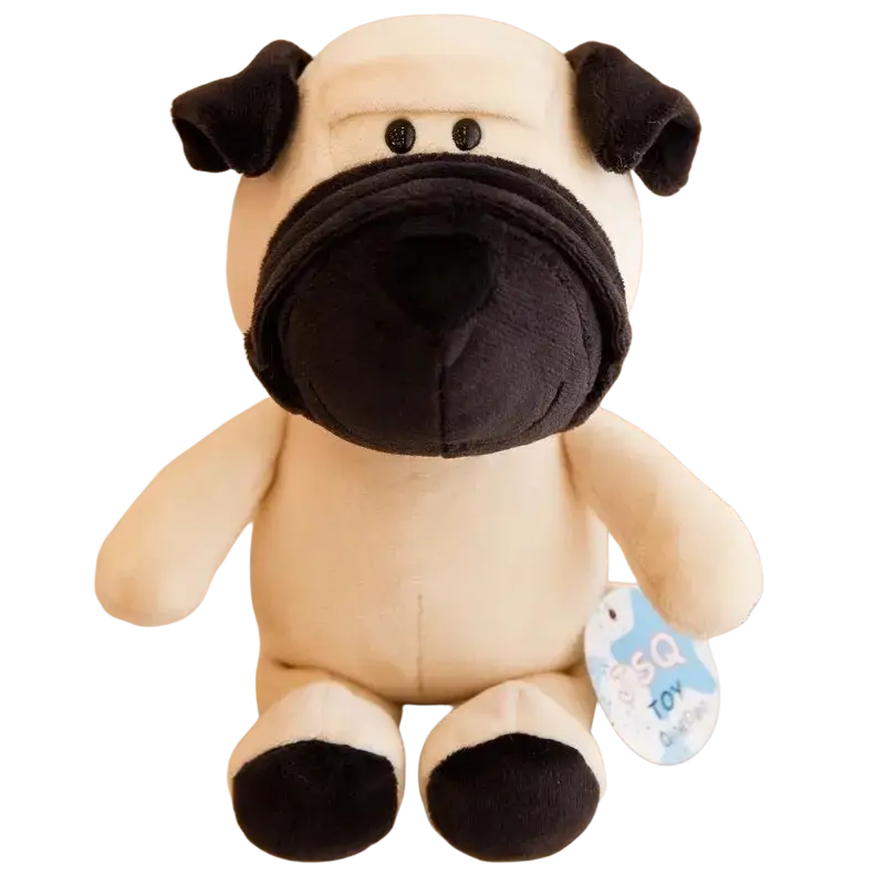 A cream stuffed plush animal pug with black ears and nose made of soft fabric from lion elephant tiger soft toys collection
