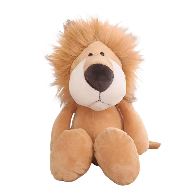 A tan-colored stuffed plush animals lion with a fluffy mane and soft fabric body from lion elephant tiger collection
