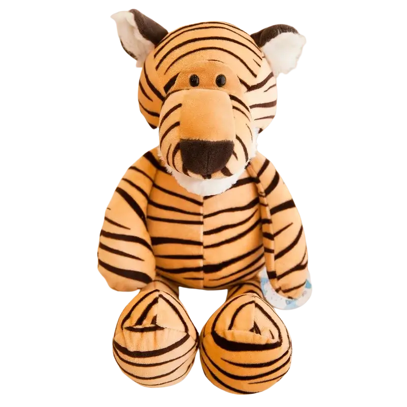 A stuffed plush animal tiger with orange and black stripes soft fabric body white inner ears and muzzle