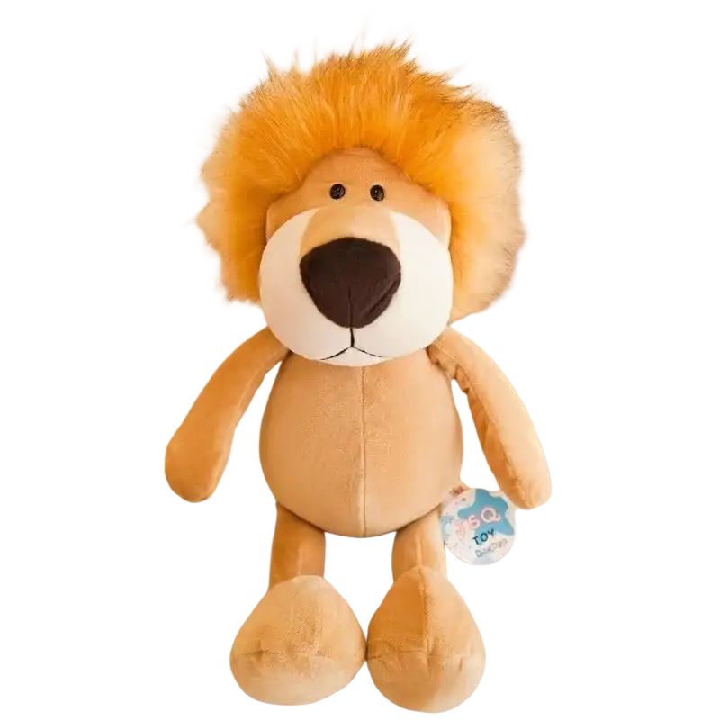 A stuffed plush animals lion toy with a fluffy golden mane tan body and white muzzle featuring black eyes and nose