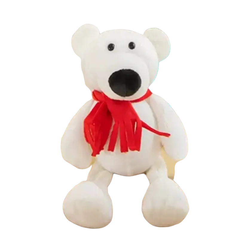White plush polar bear stuffed plush animal with black button eyes nose and red fringed scarf for lion elephant tiger collection