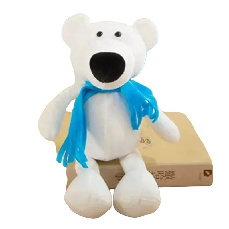 White plush polar bear toy with bright blue scarf among stuffed plush animals lion elephant tiger collection