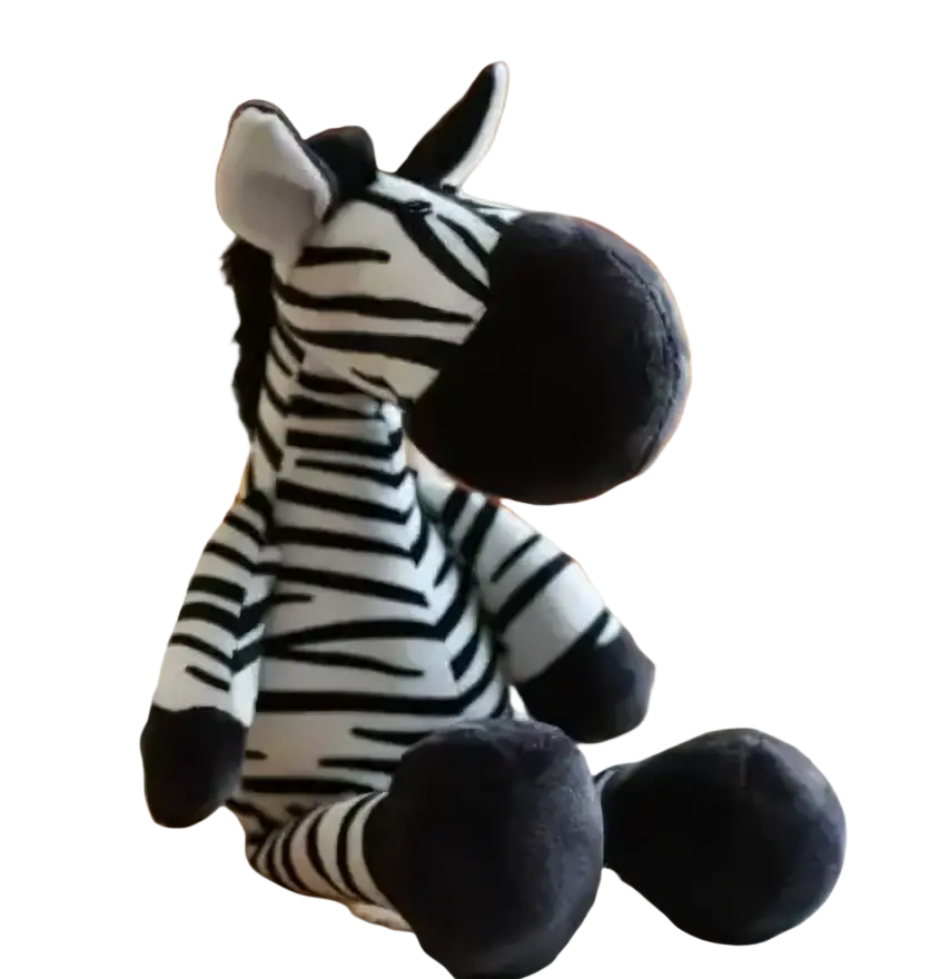 Stuffed plush animals featuring a black and white striped zebra toy with soft fabric and friendly expression in lion elephant tiger set
