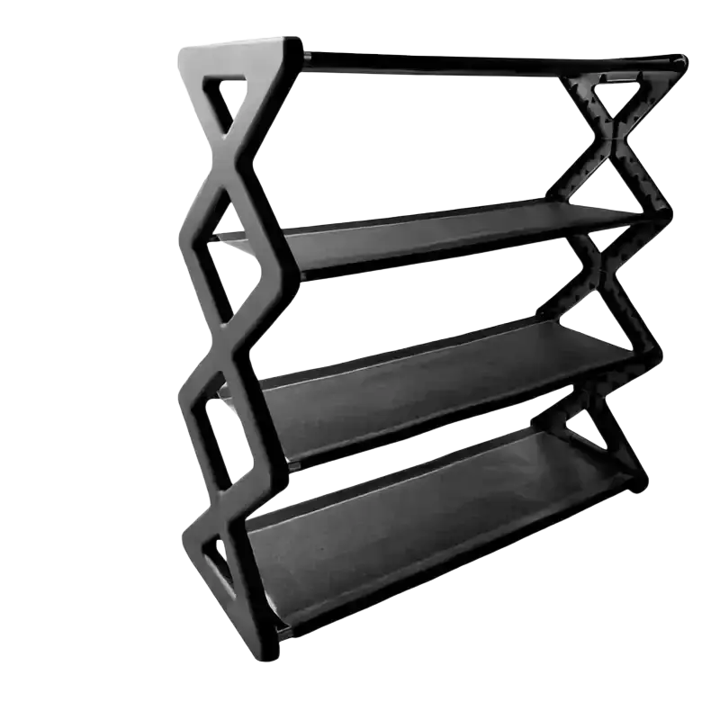 Black four-tiered sturdy steel shoe rack with sleek geometric design and dustproof layer cloth cover