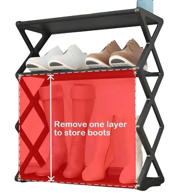 Black metal sturdy steel shoe rack with removable red translucent dustproof layer cloth for boot storage