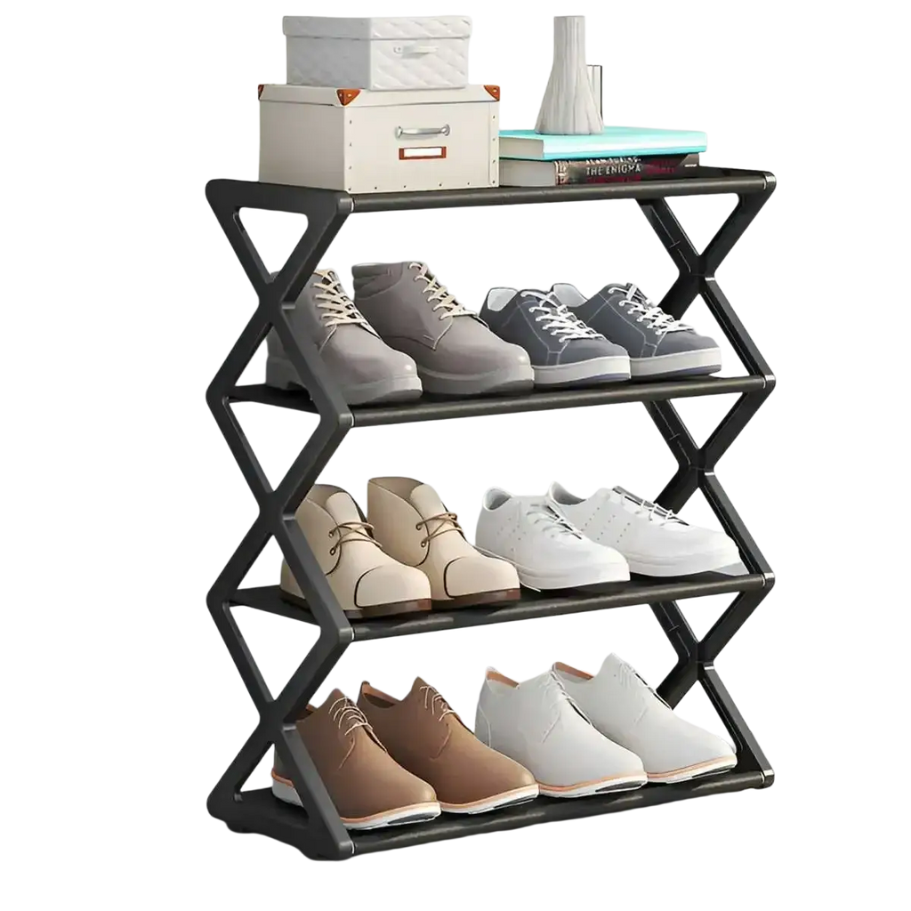 Black sturdy steel shoe rack with geometric x-shaped frame three tiers and dustproof layer cloth for shoe storage