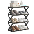 Black sturdy steel shoe rack with geometric x-shaped frame three tiers and dustproof layer cloth for shoe storage