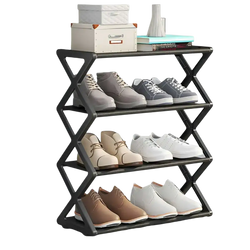 Black sturdy steel shoe rack with geometric x-shaped frame three tiers and dustproof layer cloth for shoe storage