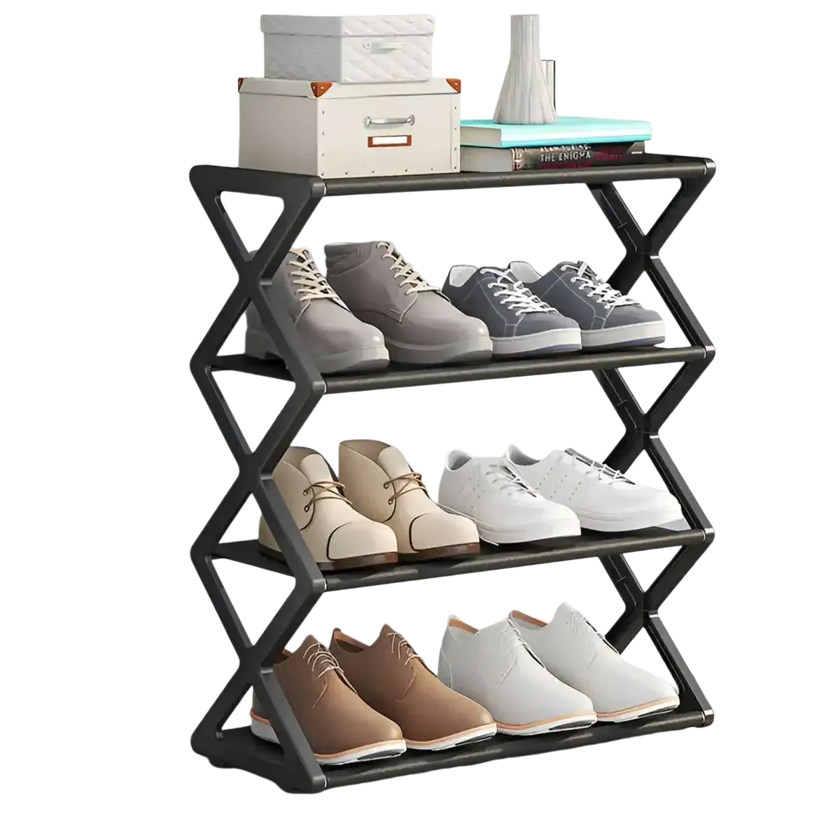 Black sturdy steel shoe rack with geometric x-shaped frame three tiers and dustproof layer cloth for shoe storage