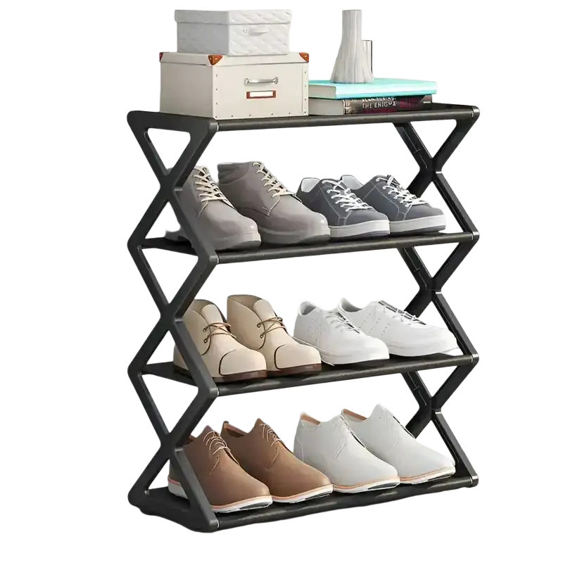 Black sturdy steel shoe rack with geometric x-shaped frame and dustproof layer cloth holding various shoes