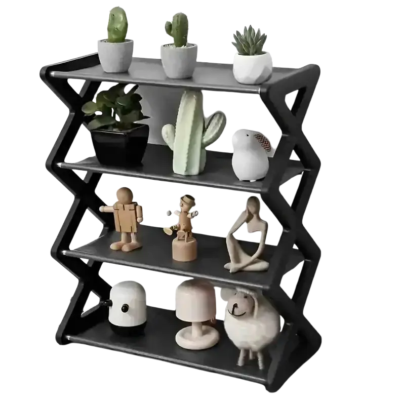 Black sturdy steel shoe rack with four tiers and dustproof layer cloth displaying decorative plants and figurines