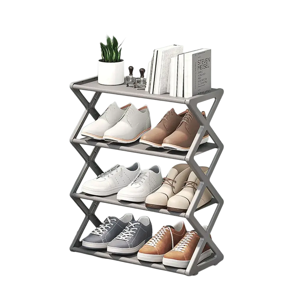 Gray sturdy steel shoe rack with three tiers featuring a dustproof layer cloth holding various shoes