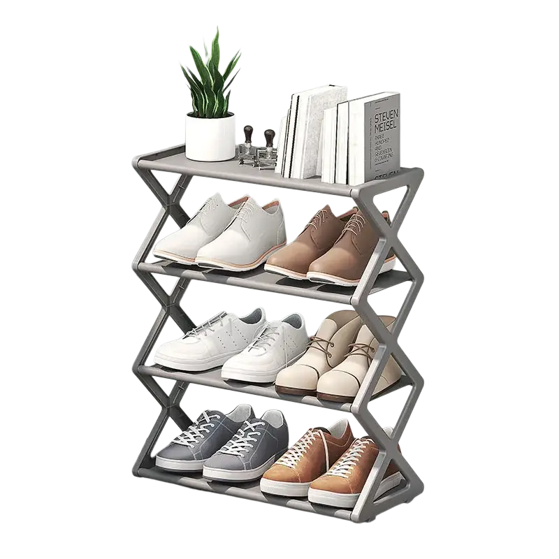 Silver sturdy steel shoe rack with three tiers featuring dustproof layer cloth and assorted shoes displayed