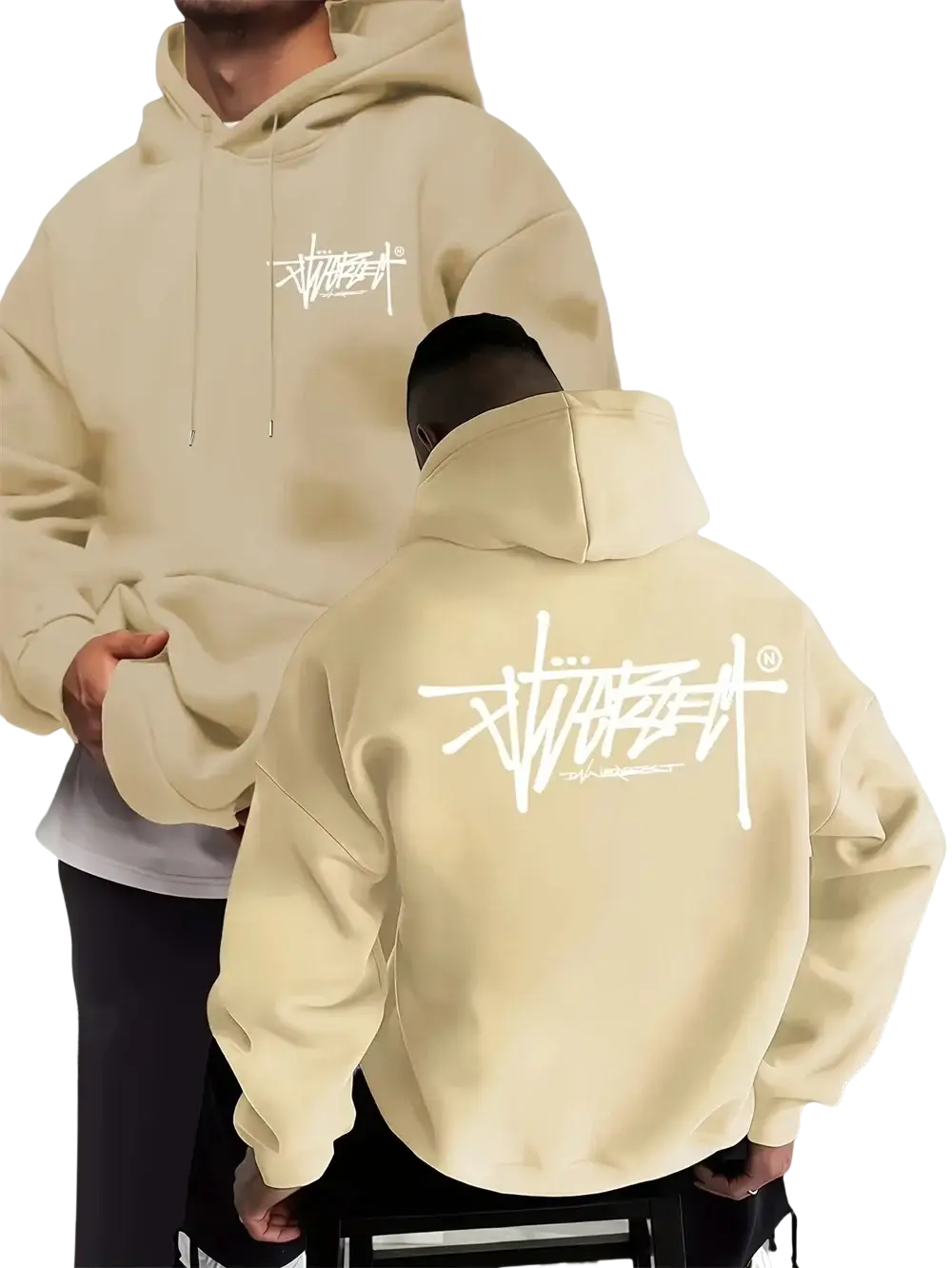 Beige stussy graffiti pullover hoodie with white logo on front and back for casual menswear