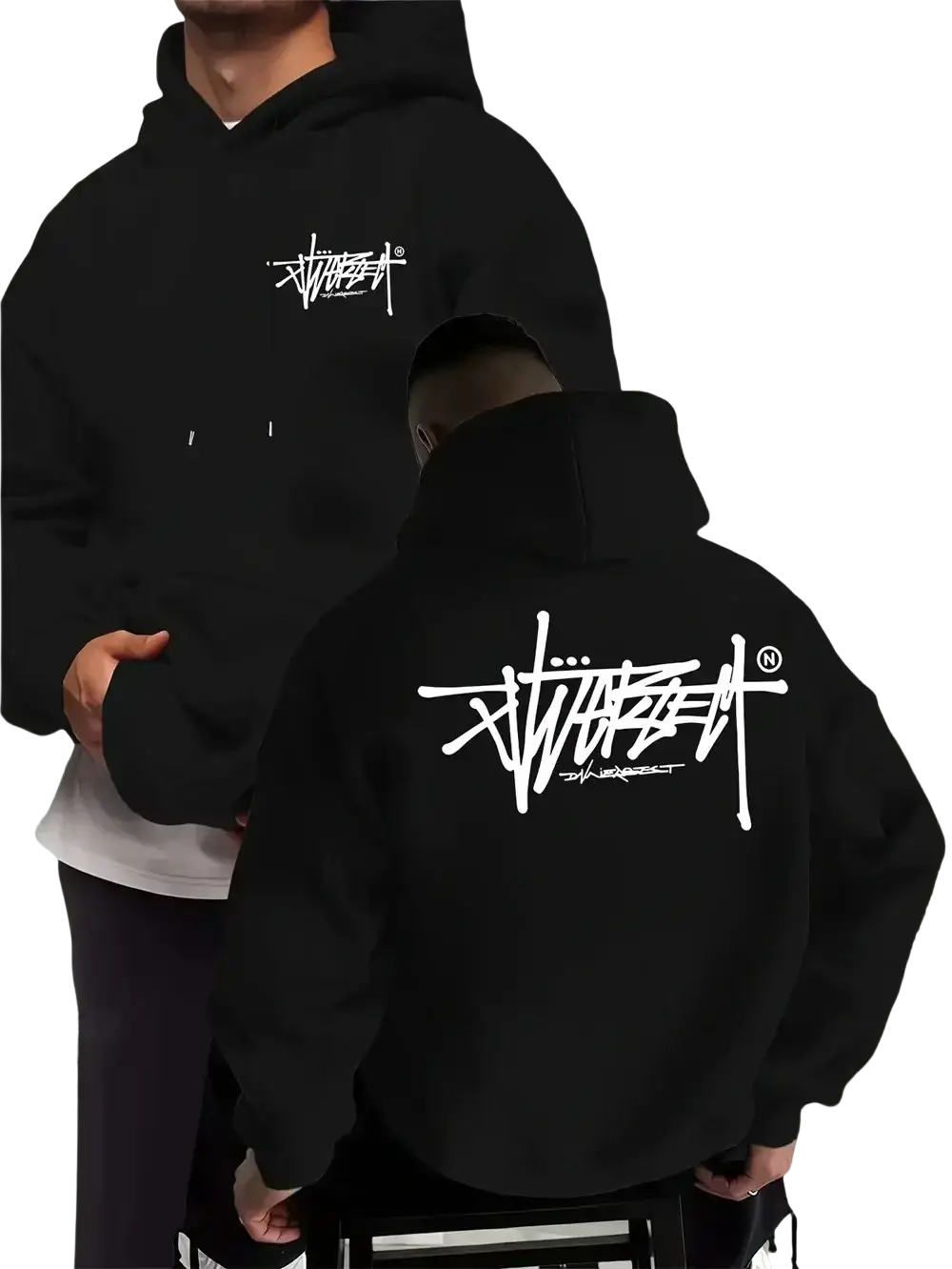 Black stussy graffiti pullover hoodie with bold white graffiti-style logo on front and back for casual menswear