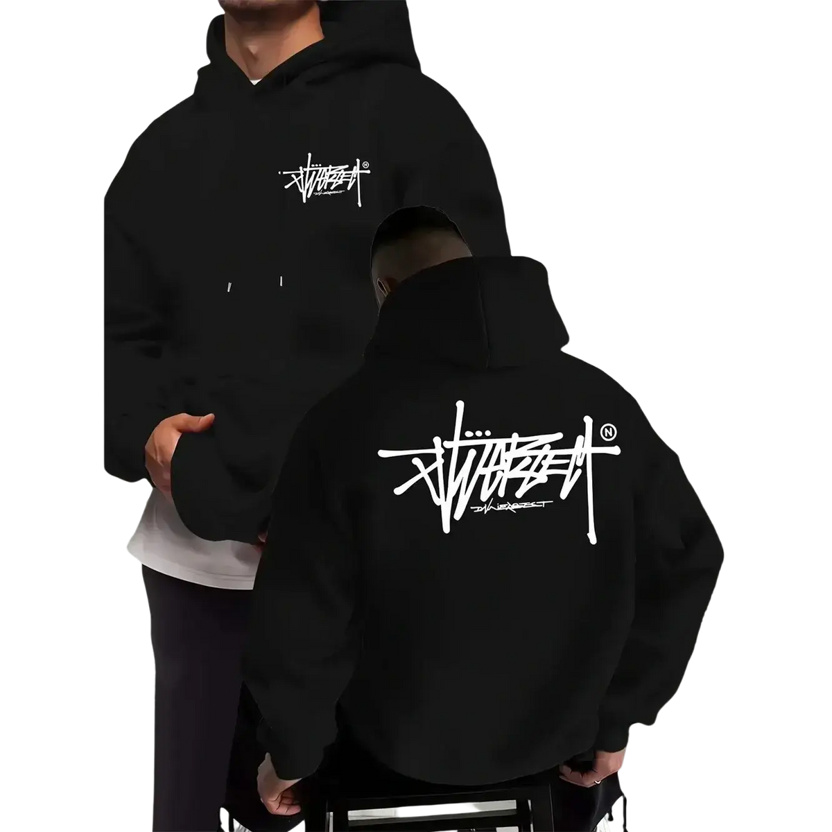 Black stussy graffiti pullover hoodie with bold white graffiti pullover hoodie logo on front and back for casual menswear