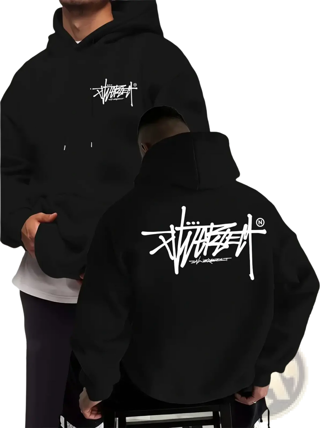 Black stussy graffiti pullover hoodie with bold white graffiti style logo on front and back for casual menswear