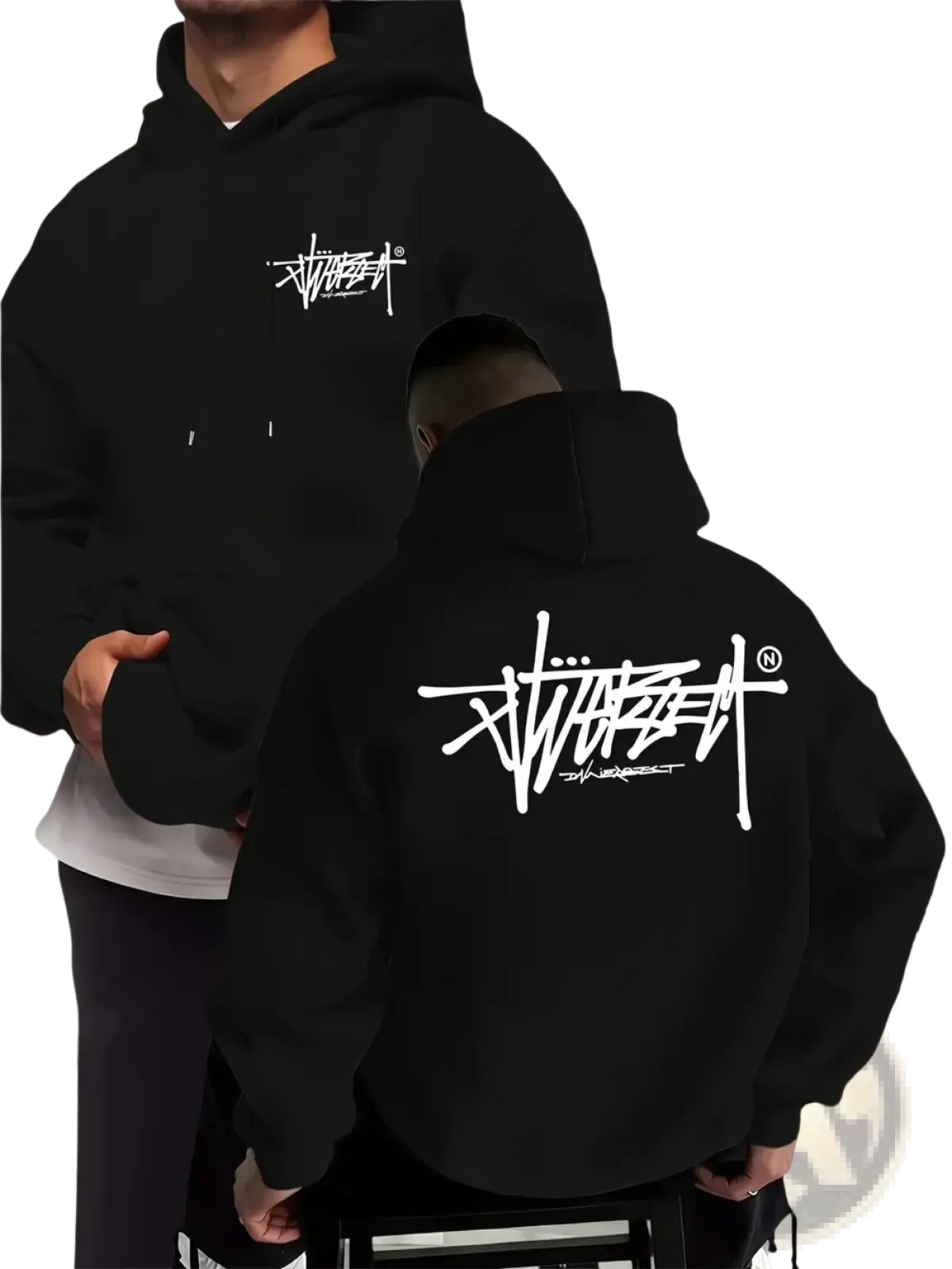 Black stussy graffiti pullover hoodie with bold white graffiti style logo on front and back for casual menswear
