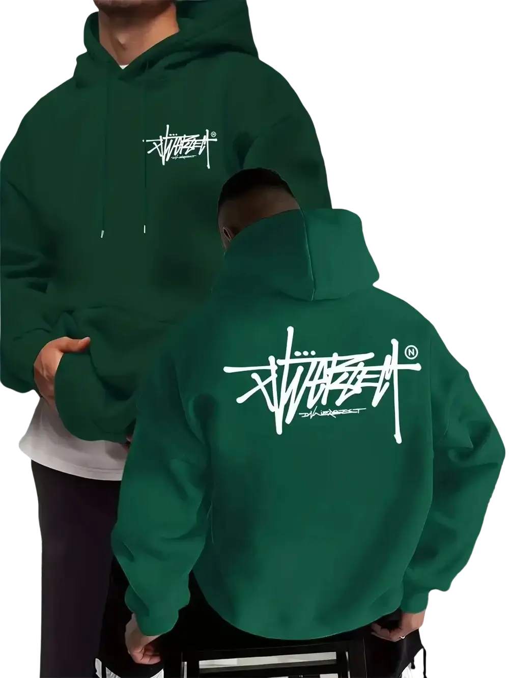 Dark green stussy graffiti pullover hoodie with white graffiti style logo on front and back for casual menswear