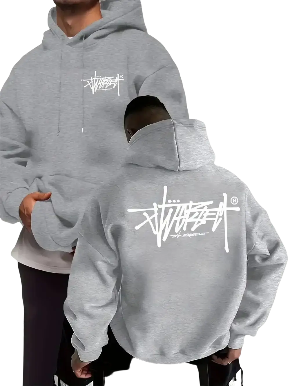 Gray stussy graffiti pullover hoodie with white graffiti style logo on chest and back for casual menswear