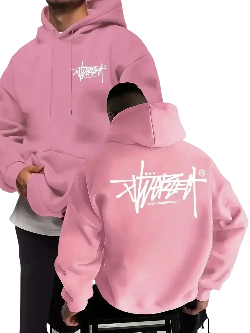 Pink stussy graffiti pullover hoodie with white logo on front and back casual menswear garment
