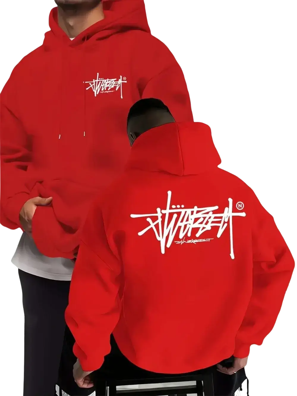 Red stussy graffiti pullover hoodie with white graffiti style logo on front and back casual menswear garment