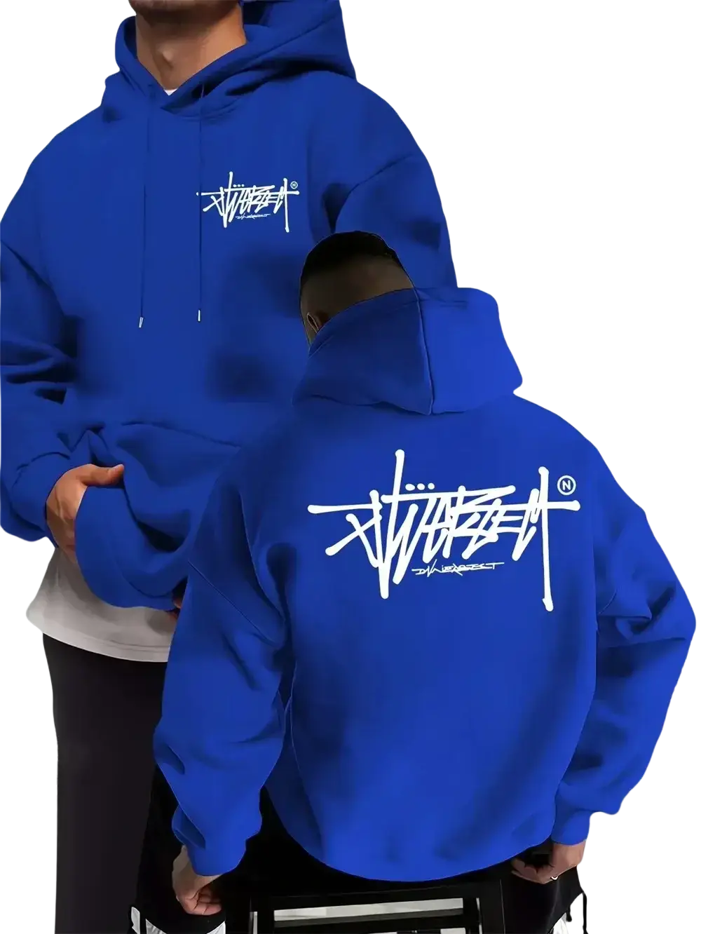 Royal blue stussy graffiti pullover hoodie with bold white signature logo on front and back for casual menswear
